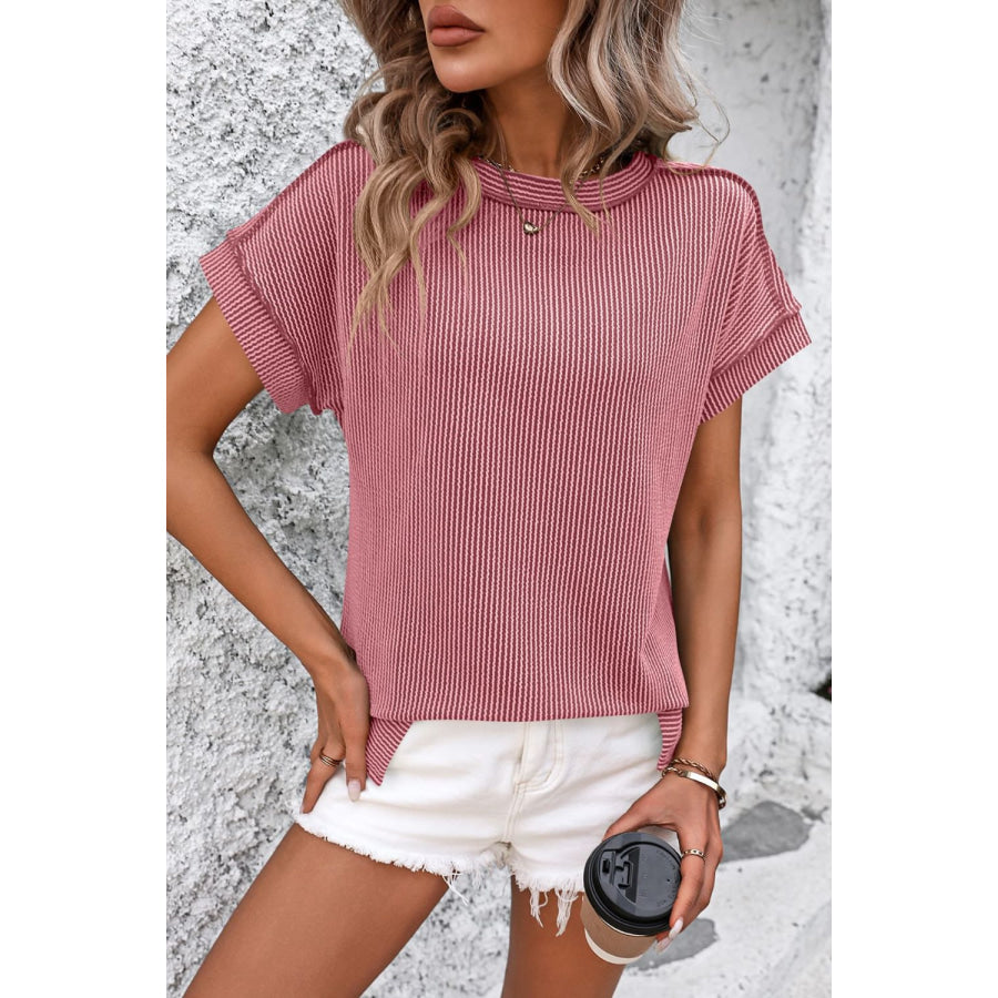 Striped Round Neck Short Sleeve T-Shirt Deep Rose / S Apparel and Accessories