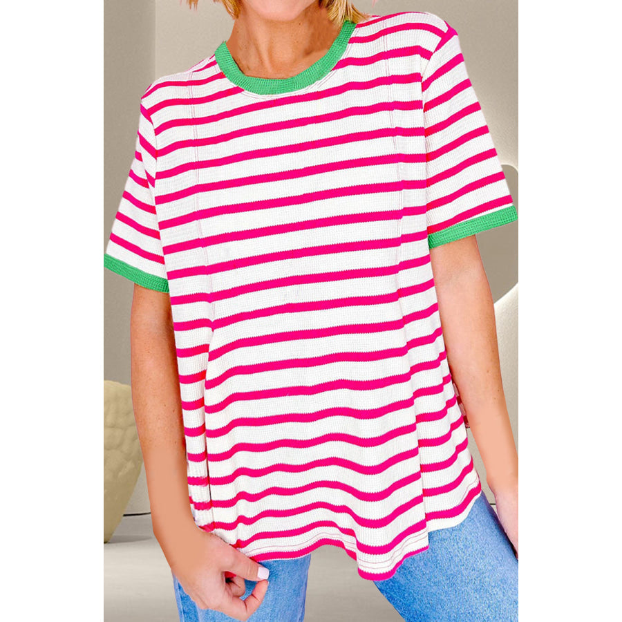 Striped Round Neck Short Sleeve T-Shirt Deep Rose / S Apparel and Accessories