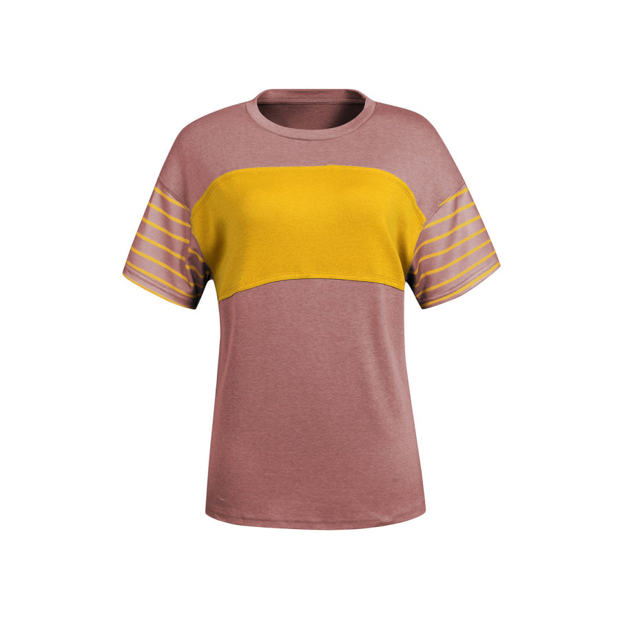 Striped Round Neck Short Sleeve T-Shirt Dusty Pink / S Apparel and Accessories