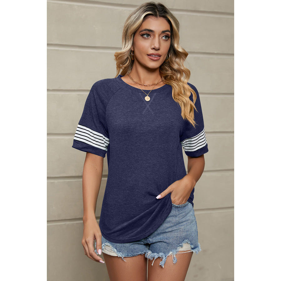 Striped Round Neck Short Sleeve T - Shirt Navy / S Apparel and Accessories