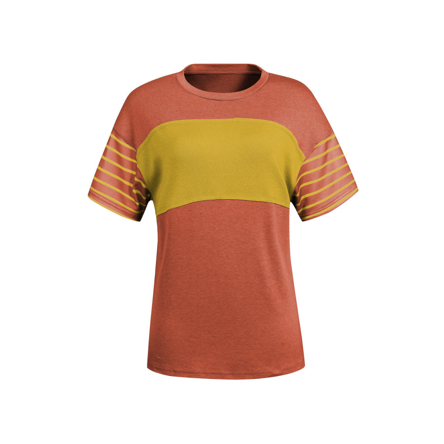 Striped Round Neck Short Sleeve T-Shirt Orange / S Apparel and Accessories