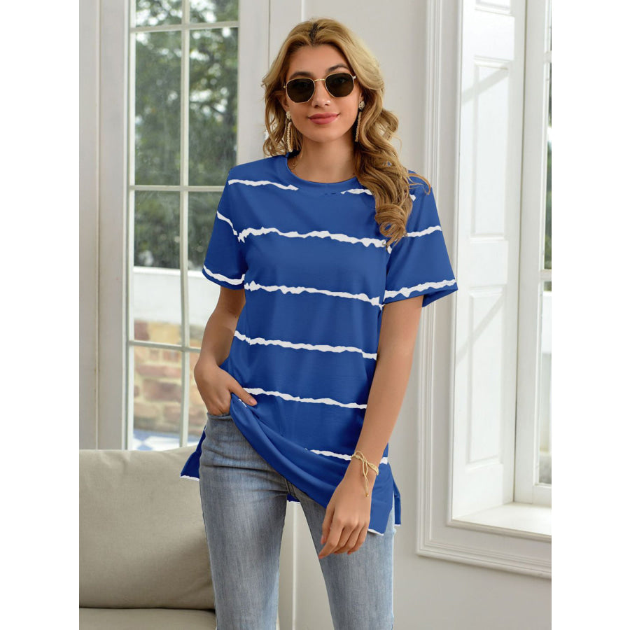 Striped Round Neck Short Sleeve T-Shirt Royal Blue / S Apparel and Accessories