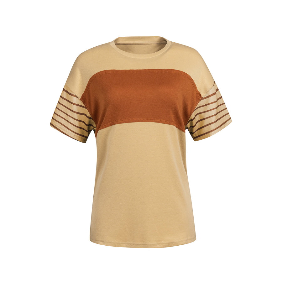 Striped Round Neck Short Sleeve T-Shirt Tan / S Apparel and Accessories