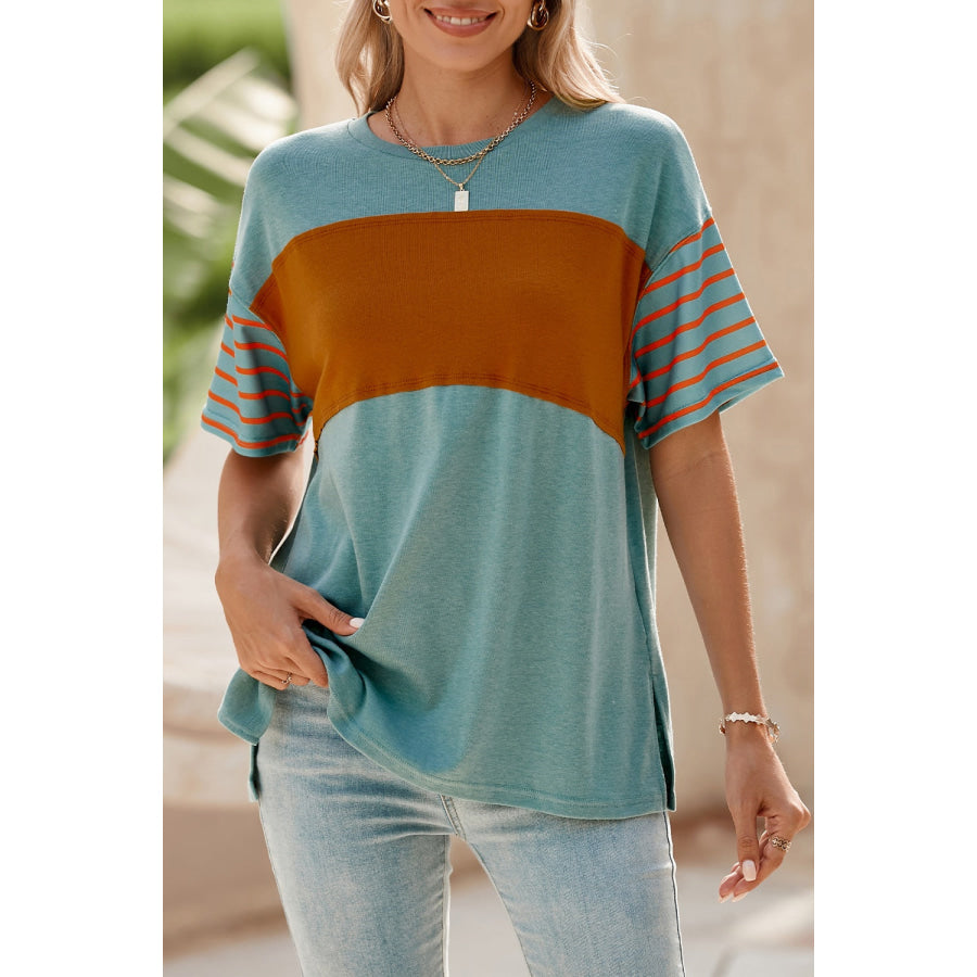 Striped Round Neck Short Sleeve T-Shirt Turquoise / S Apparel and Accessories