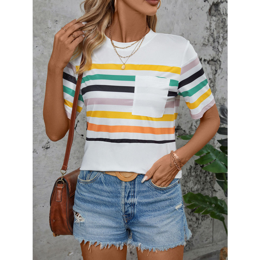 Striped Round Neck Short Sleeve T - Shirt White / S Apparel and Accessories