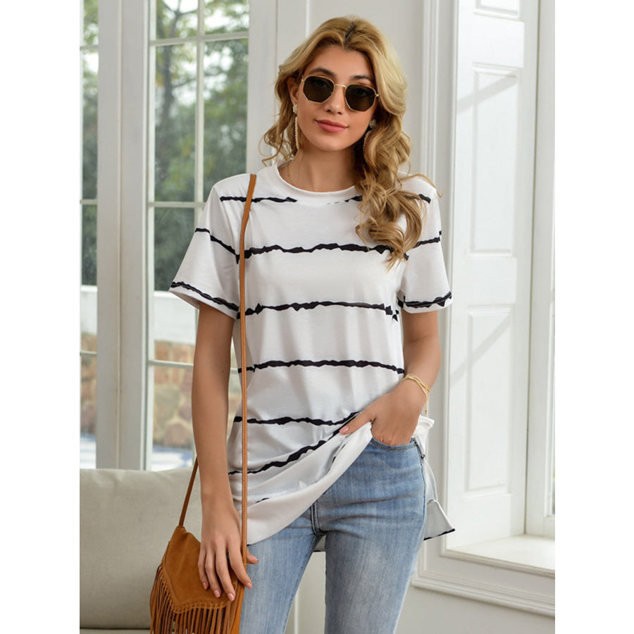 Striped Round Neck Short Sleeve T-Shirt White / S Apparel and Accessories