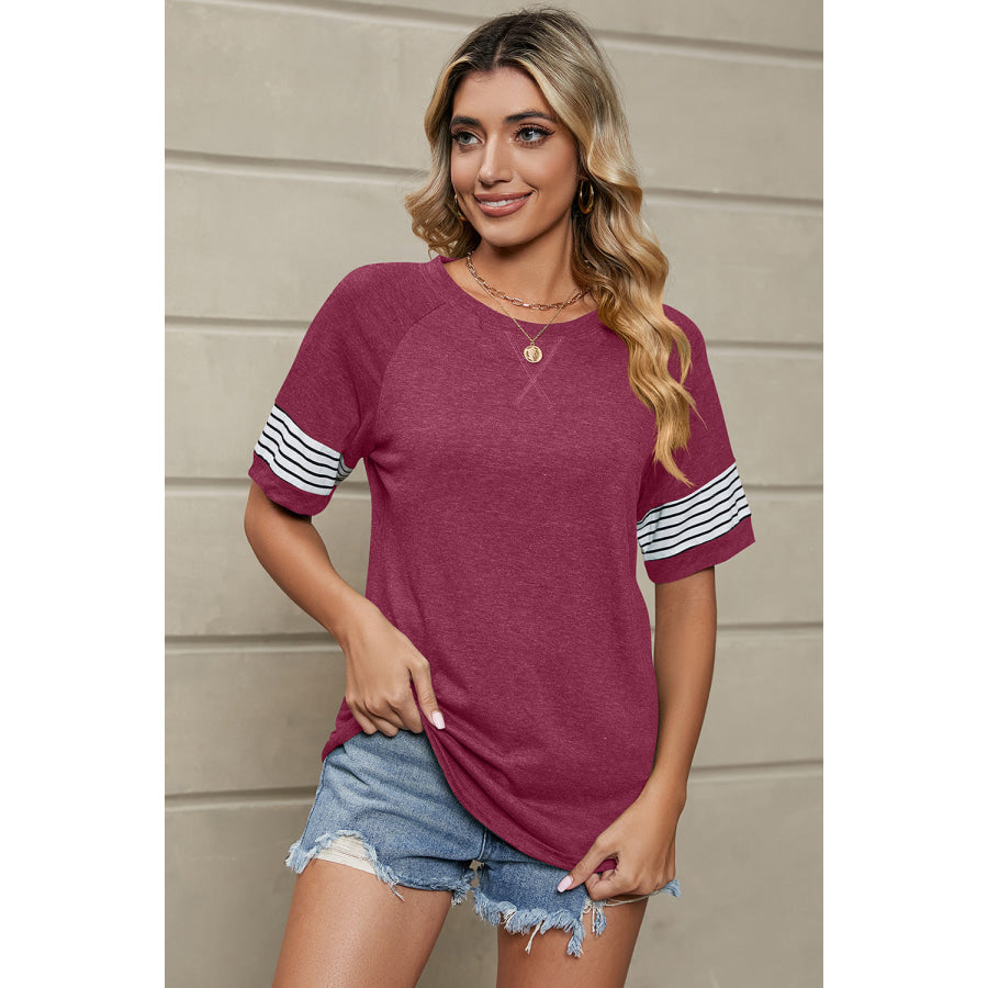 Striped Round Neck Short Sleeve T - Shirt Wine / S Apparel and Accessories