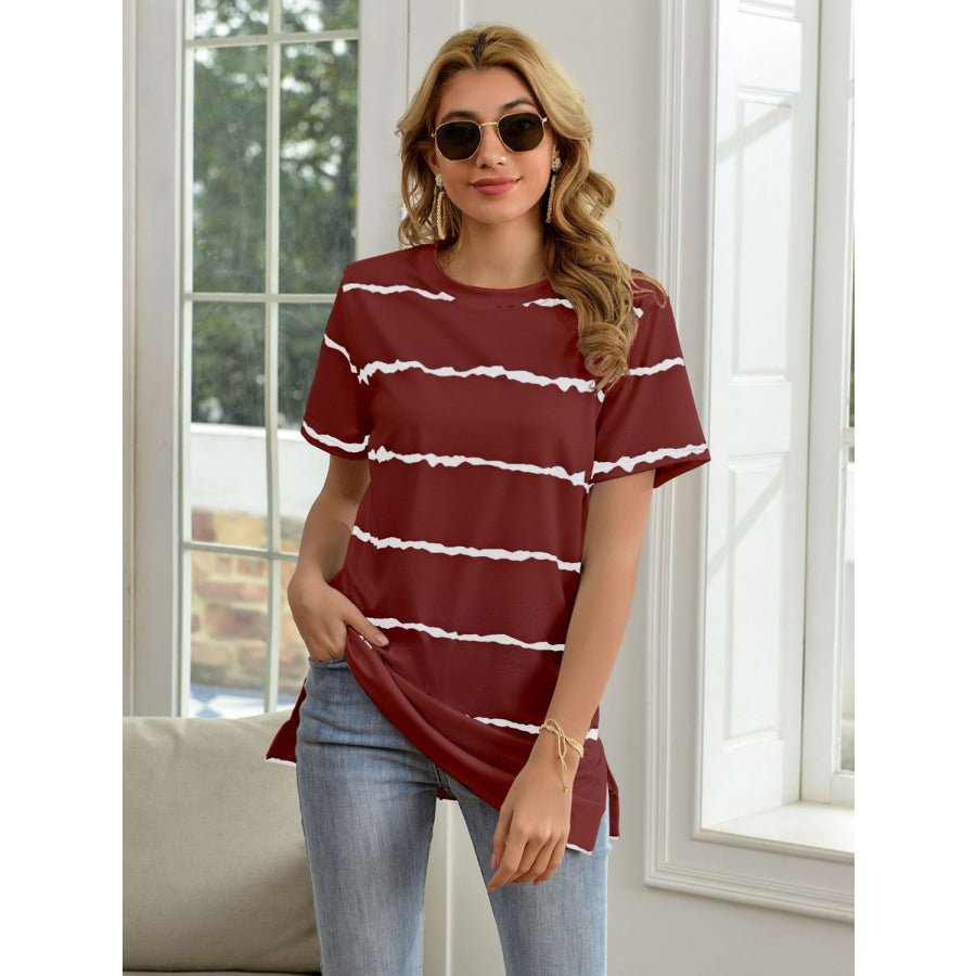 Striped Round Neck Short Sleeve T-Shirt Wine / S Apparel and Accessories