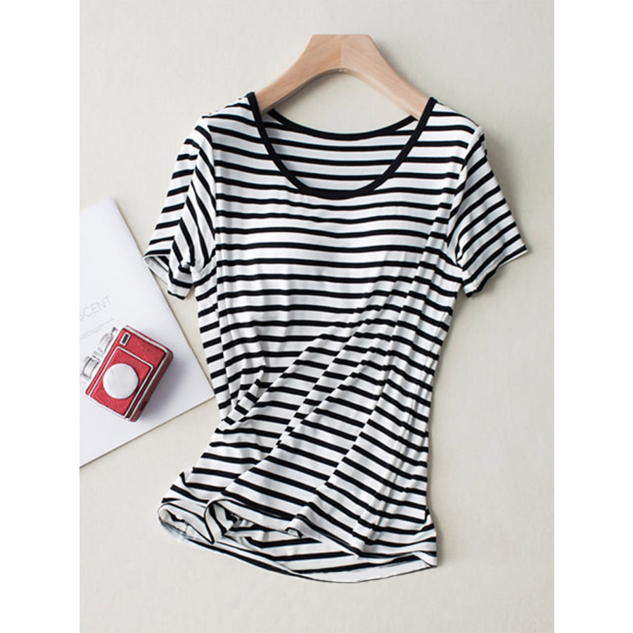 Striped Round Neck Short Sleeve T-Shirt with Bra Apparel and Accessories