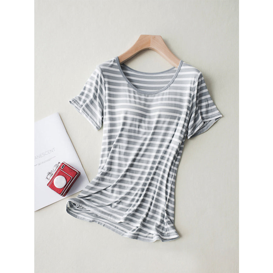 Striped Round Neck Short Sleeve T-Shirt with Bra Gray / M Apparel and Accessories