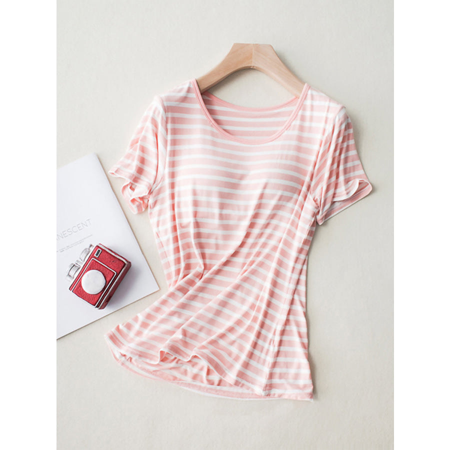 Striped Round Neck Short Sleeve T-Shirt with Bra Pale Blush / M Apparel and Accessories