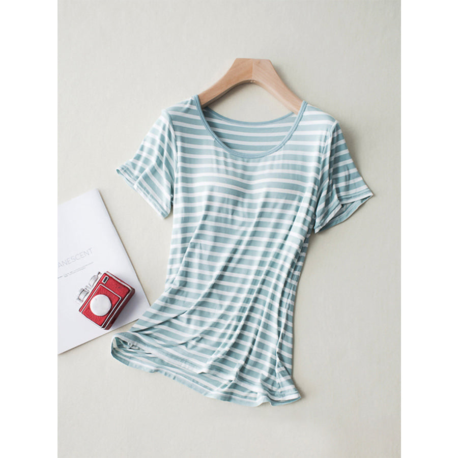 Striped Round Neck Short Sleeve T-Shirt with Bra Turquoise / M Apparel and Accessories