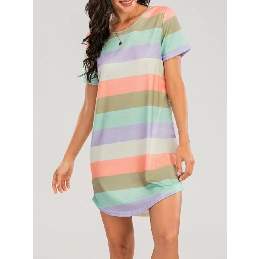 Striped Round Neck Short Sleeve Tee Dress Apparel and Accessories