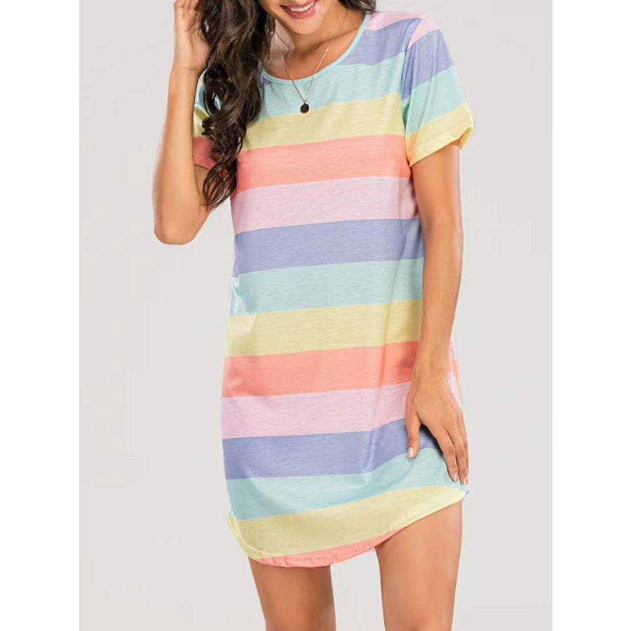 Striped Round Neck Short Sleeve Tee Dress Light Blue / S Apparel and Accessories