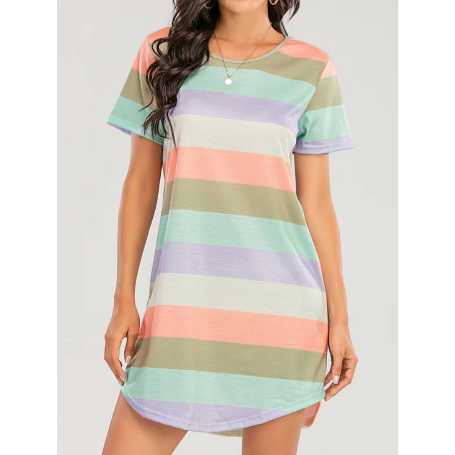 Striped Round Neck Short Sleeve Tee Dress Matcha Green / S Apparel and Accessories