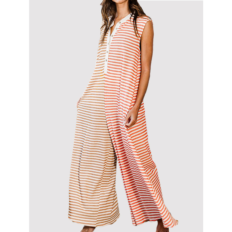 Striped Round Neck Sleeveless Jumpsuit Stripe / S Apparel and Accessories