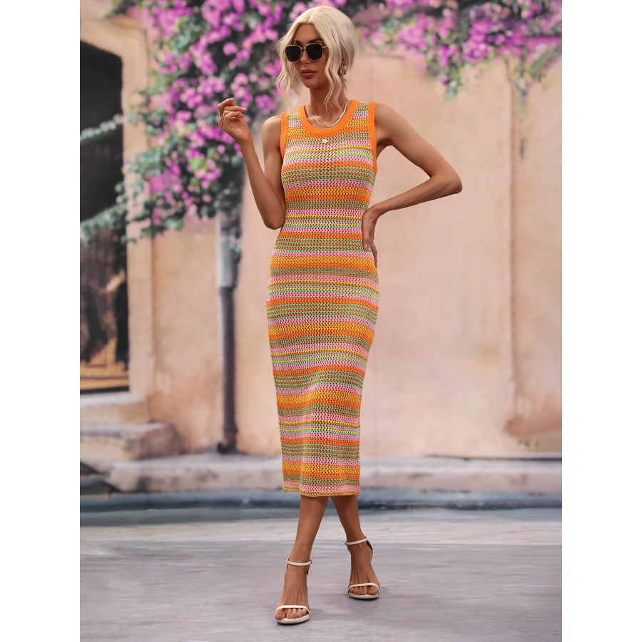 Striped Round Neck Sleeveless Midi Cover Up Dress Orange / S