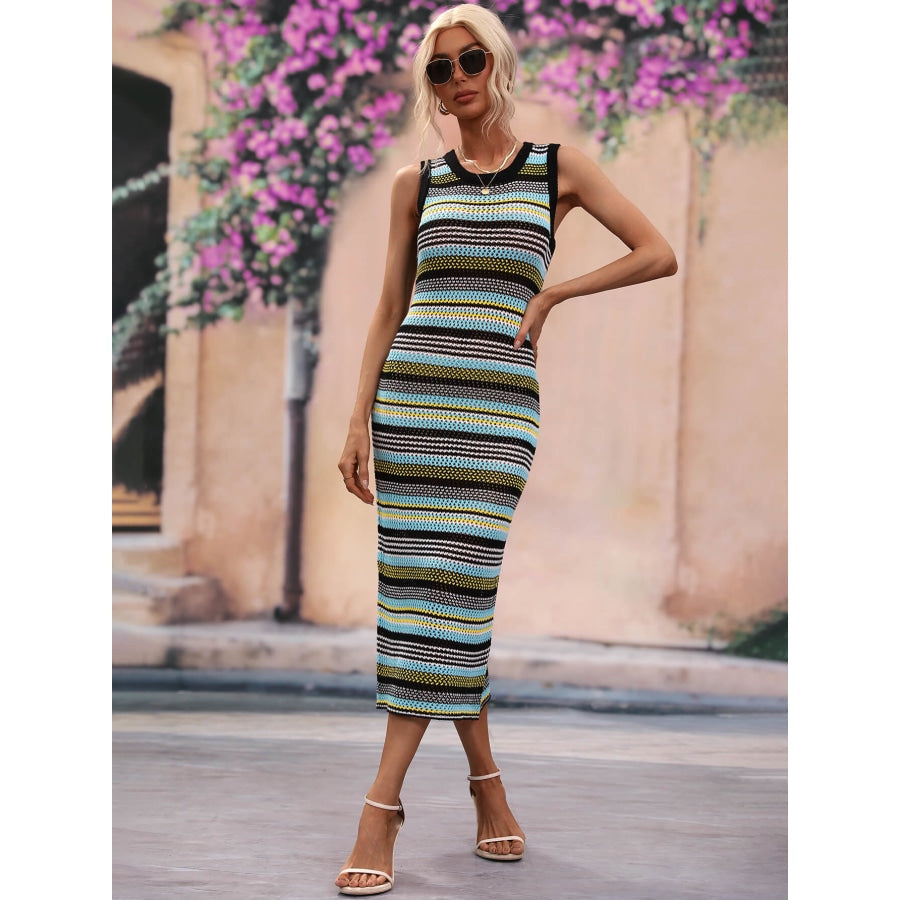 Striped Round Neck Sleeveless Midi Cover Up Dress