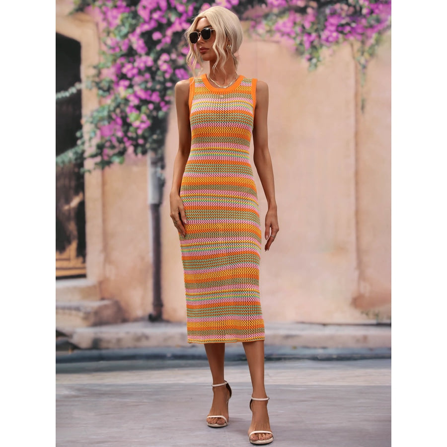 Striped Round Neck Sleeveless Midi Cover Up Dress