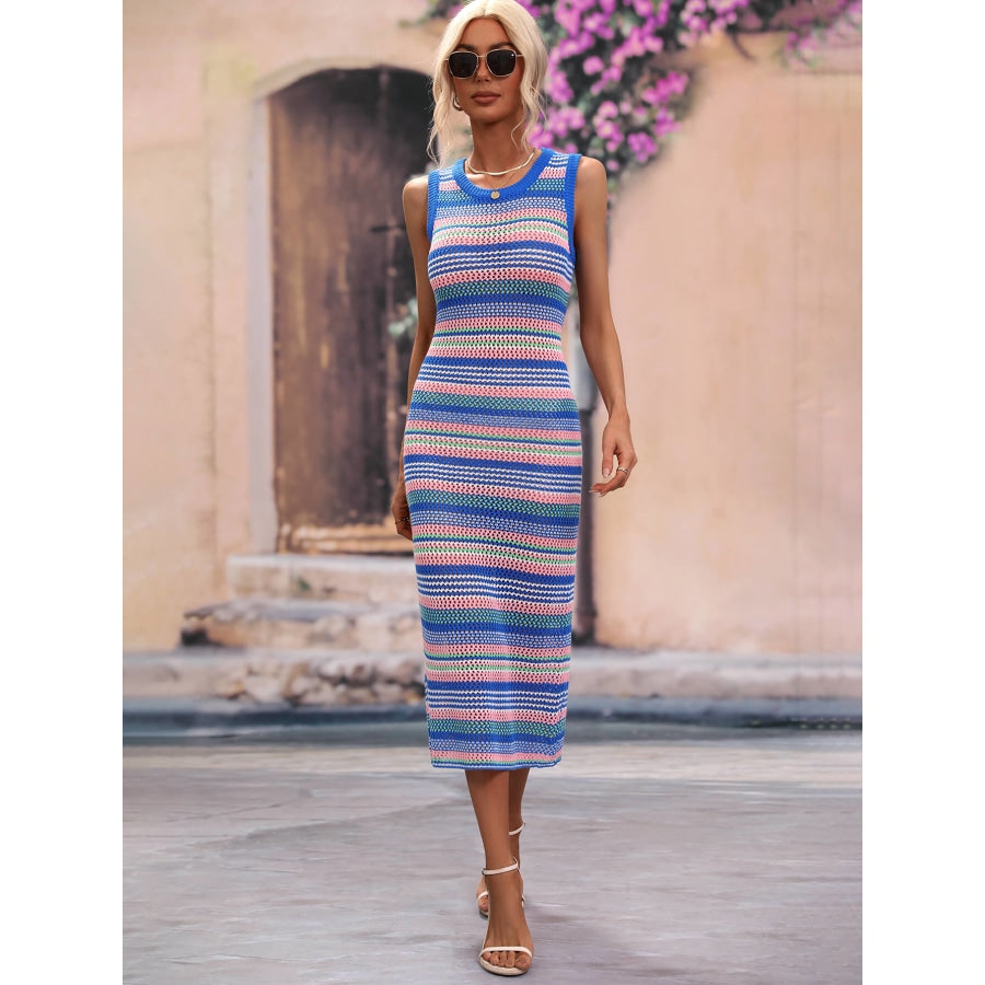 Striped Round Neck Sleeveless Midi Cover Up Dress