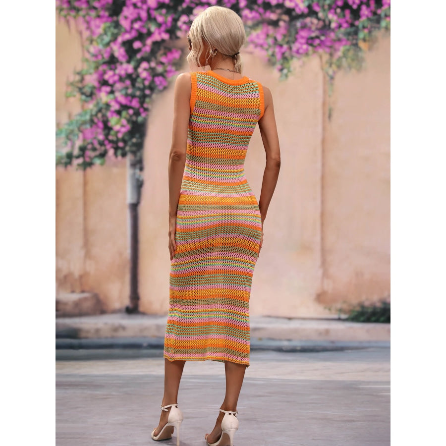 Striped Round Neck Sleeveless Midi Cover Up Dress