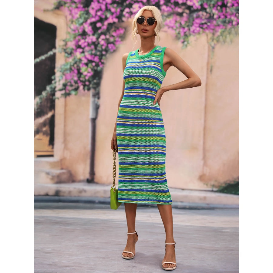 Striped Round Neck Sleeveless Midi Cover Up Dress