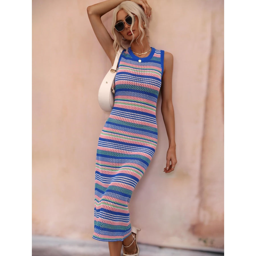 Striped Round Neck Sleeveless Midi Cover Up Dress