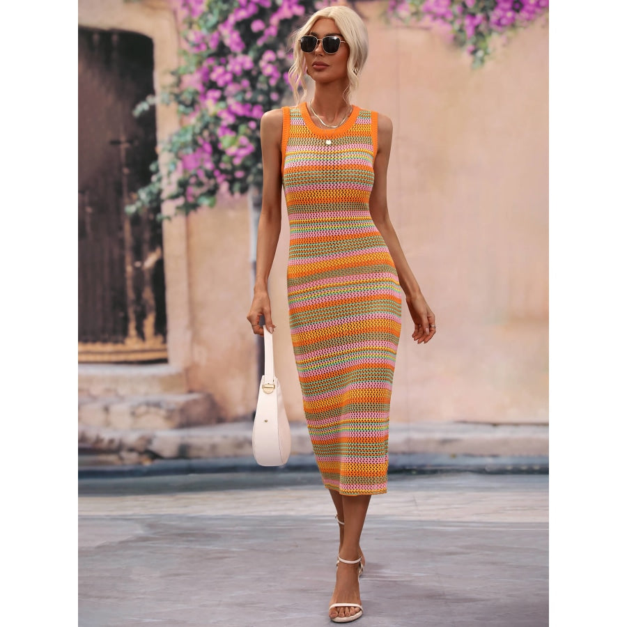 Striped Round Neck Sleeveless Midi Cover Up Dress