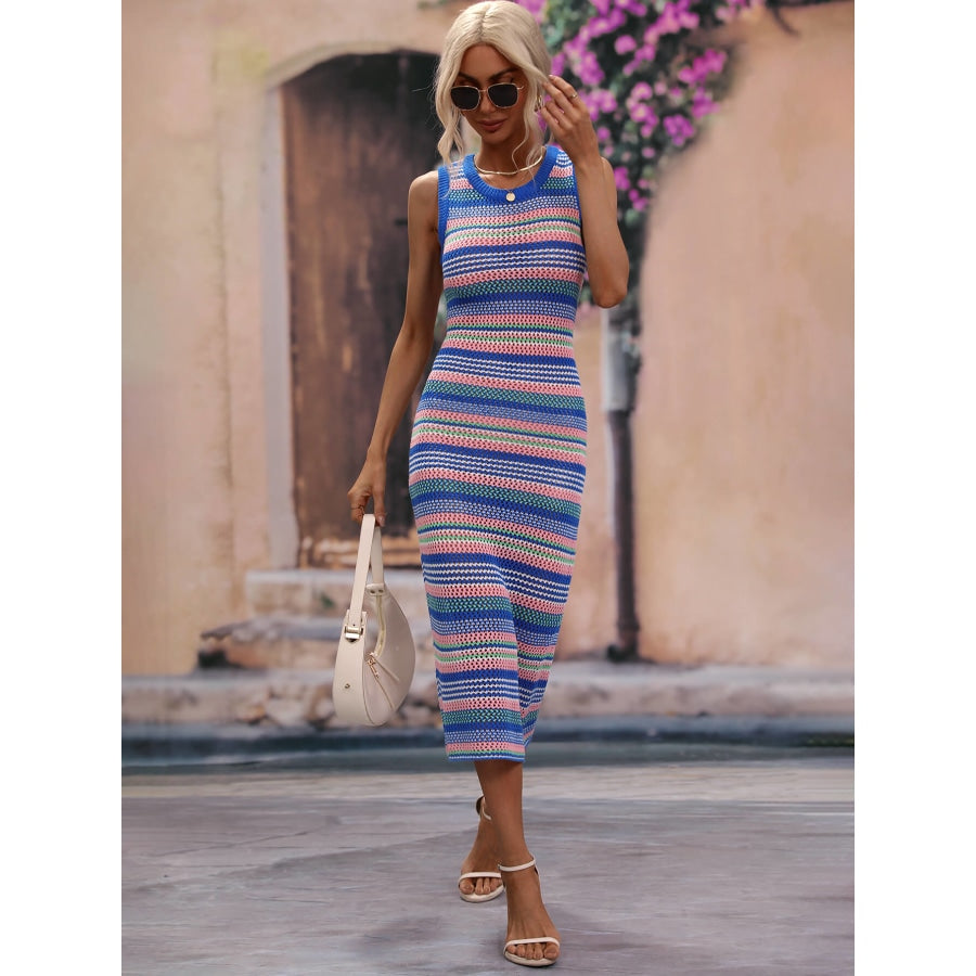 Striped Round Neck Sleeveless Midi Cover Up Dress