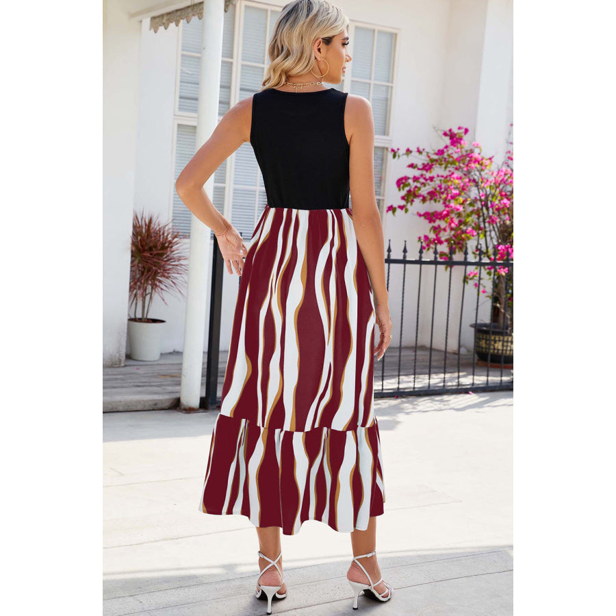 Striped Round Neck Sleeveless Midi Dress Brick Red / S Apparel and Accessories