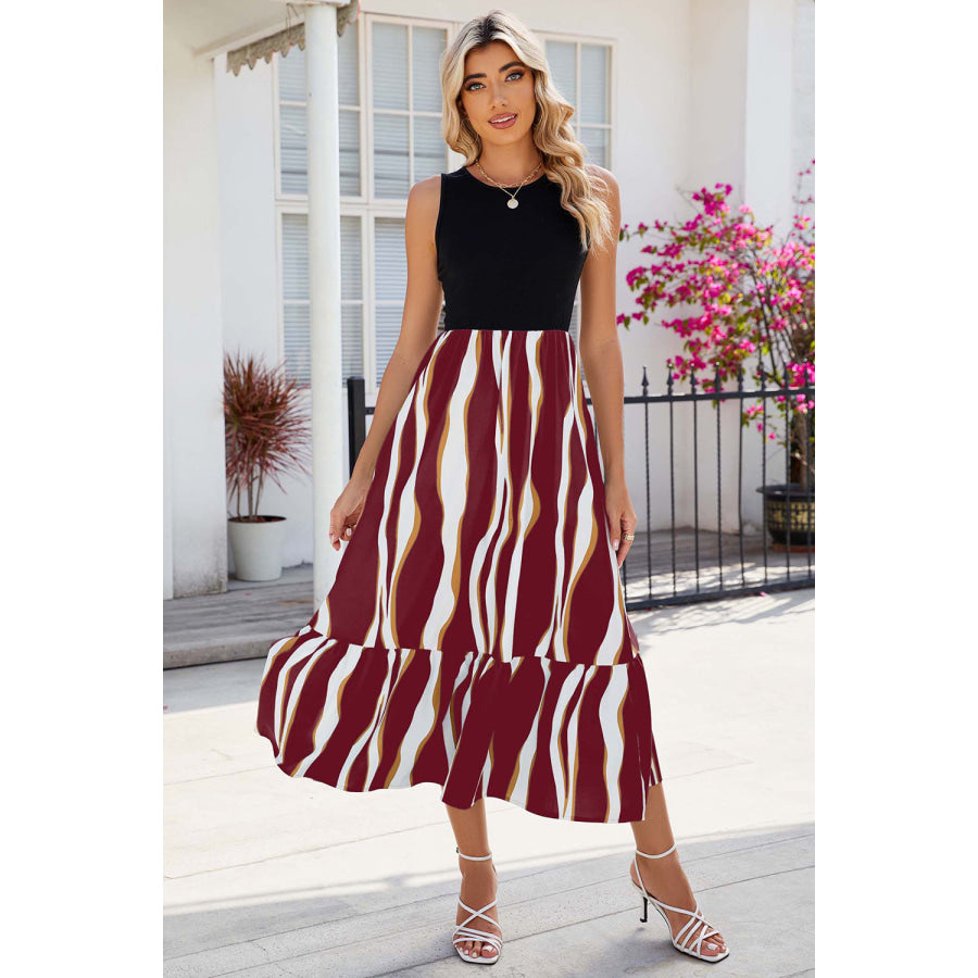 Striped Round Neck Sleeveless Midi Dress Brick Red / S Apparel and Accessories