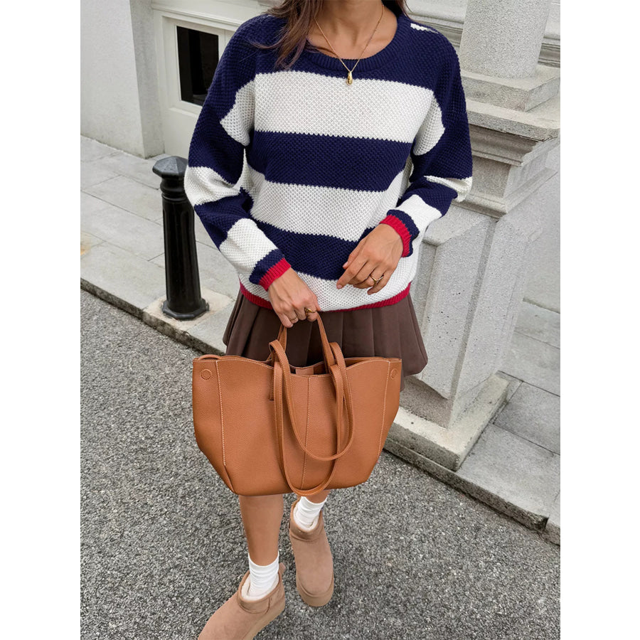 Striped Round Neck Sweater Apparel and Accessories