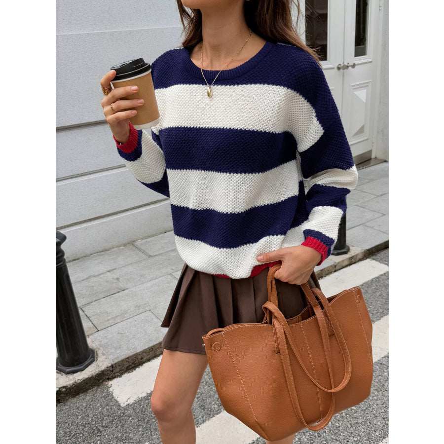 Striped Round Neck Sweater Apparel and Accessories