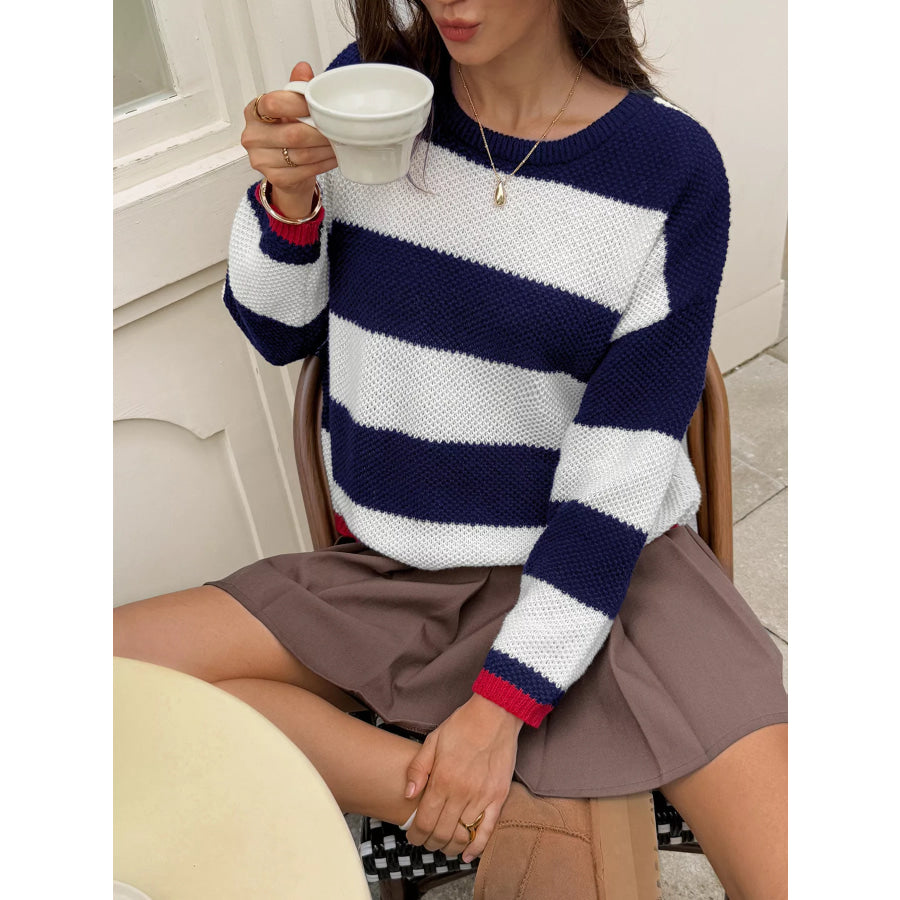 Striped Round Neck Sweater Blue / S Apparel and Accessories