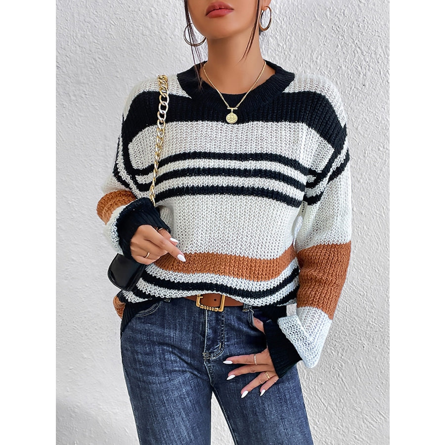 Striped Round Neck Sweater Caramel / S