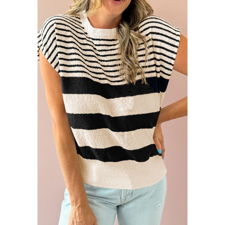 Striped Round Neck Sweater Vest Black / S Apparel and Accessories