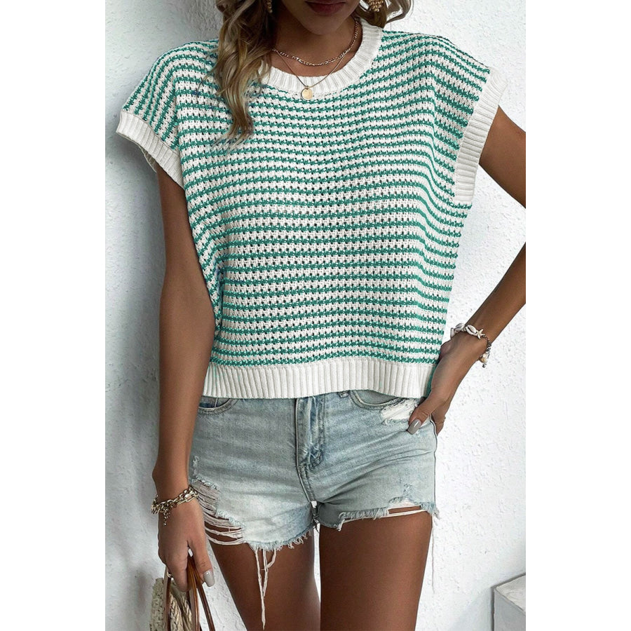 Striped Round Neck Sweater Vest Green / S Apparel and Accessories