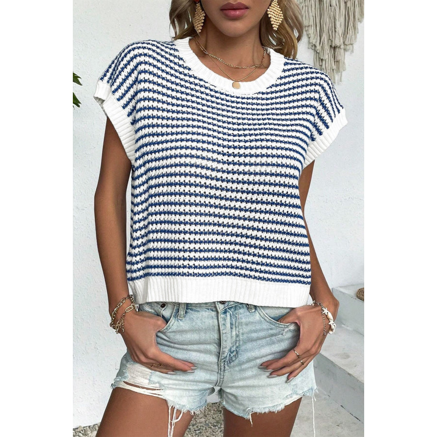 Striped Round Neck Sweater Vest Navy / S Apparel and Accessories