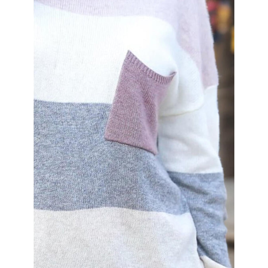 Striped Round Neck Sweater with Pocket