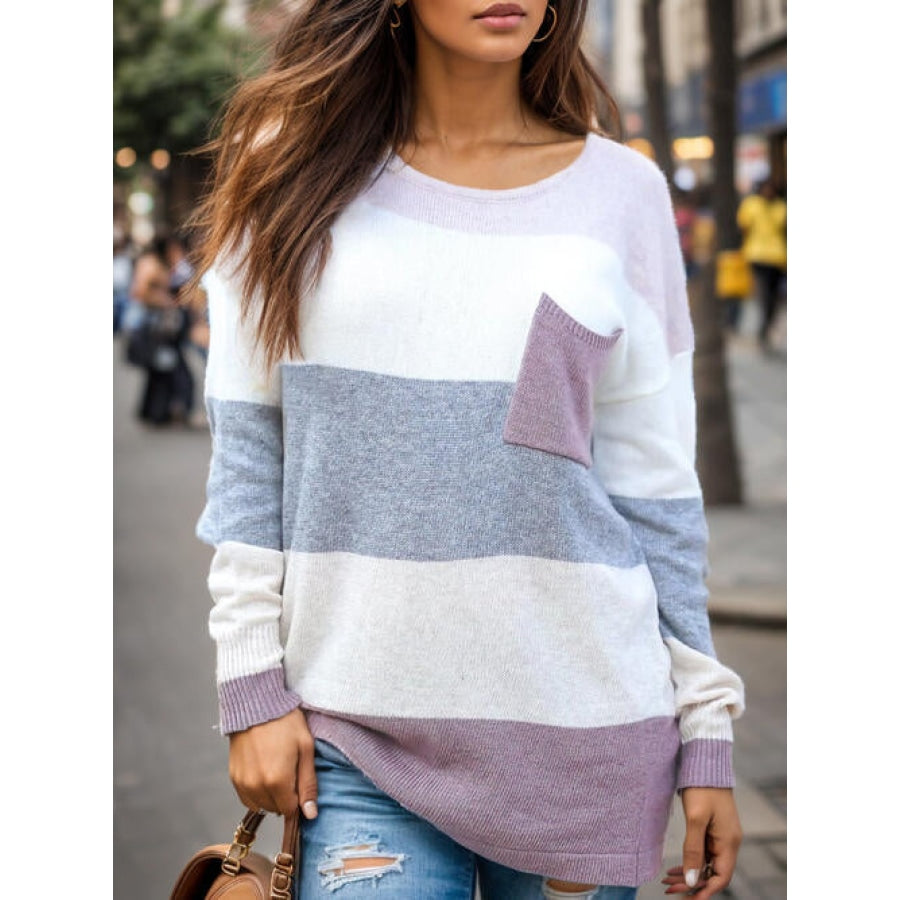 Striped Round Neck Sweater with Pocket