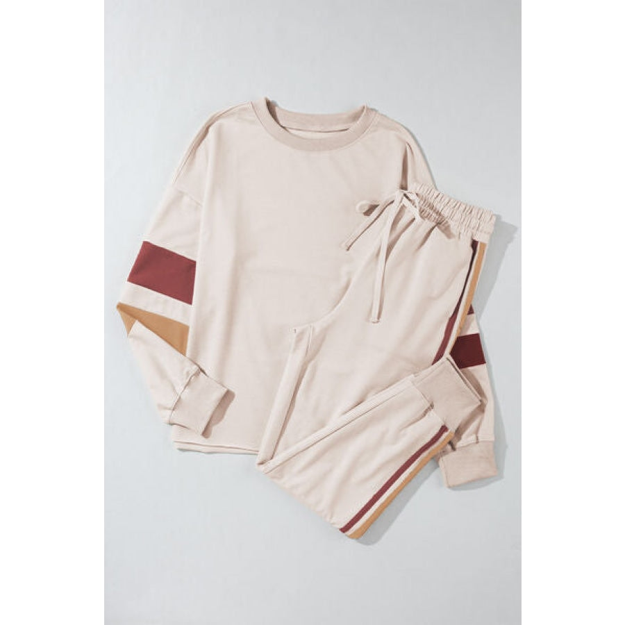 Striped Round Neck Sweatshirt and Drawstring Joggers Set Cream / S Clothing