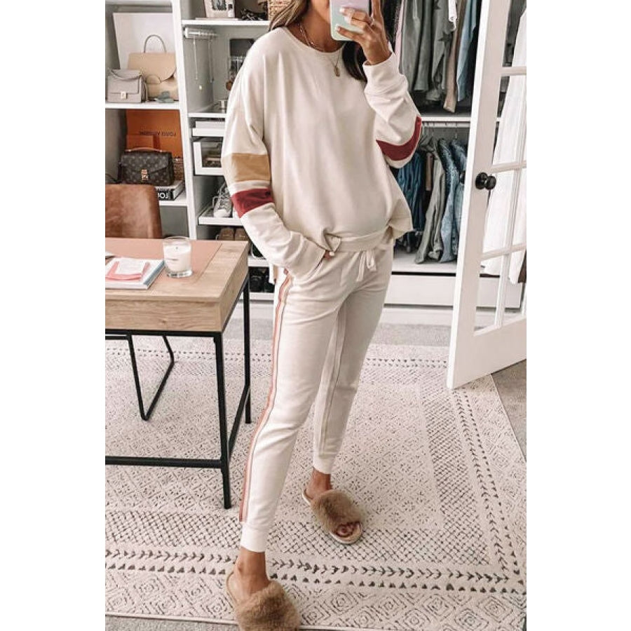 Striped Round Neck Sweatshirt and Drawstring Joggers Set Cream / S Clothing