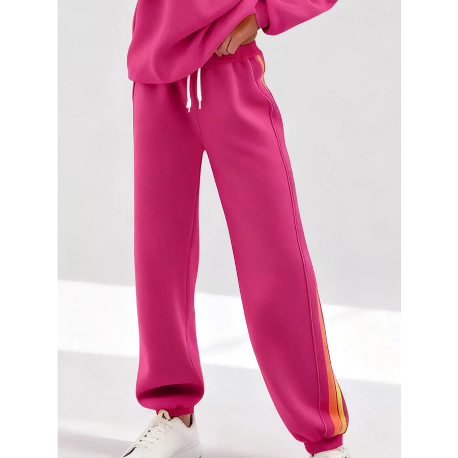 Striped Round Neck Sweatshirt and Pants Set Apparel and Accessories