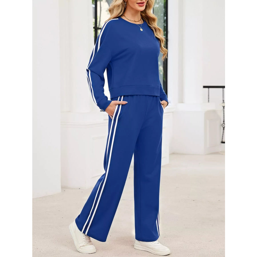 Striped Round Neck Sweatshirt and Pants Set Apparel and Accessories