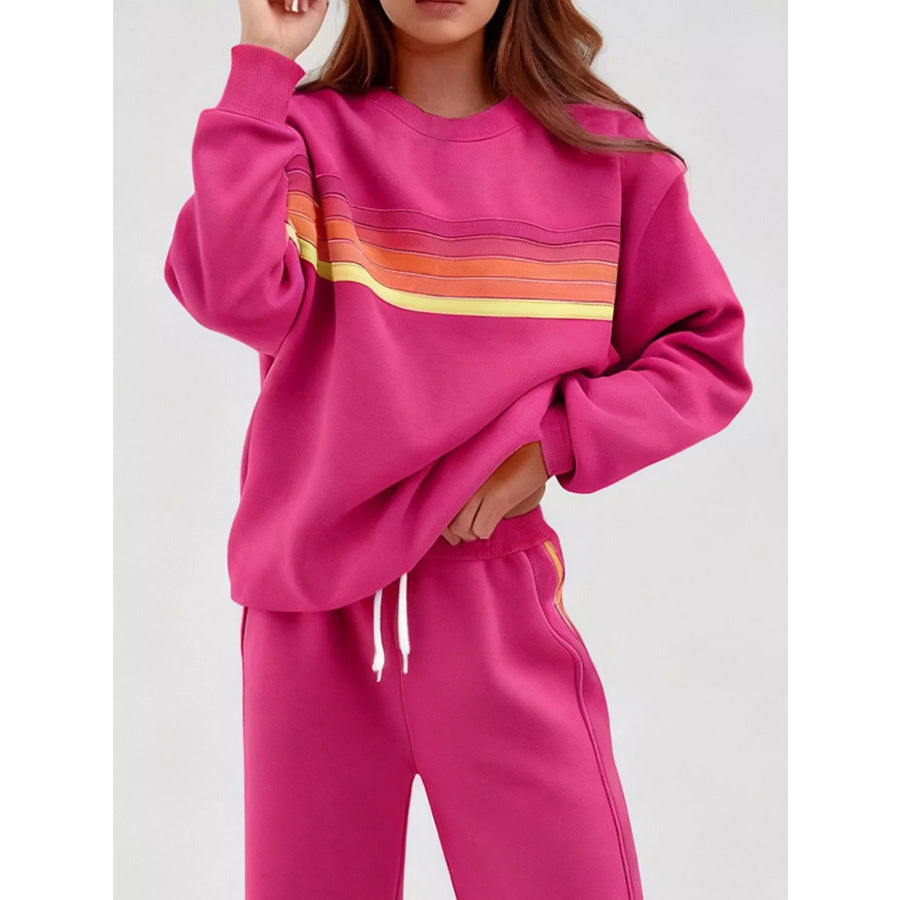 Striped Round Neck Sweatshirt and Pants Set Apparel and Accessories