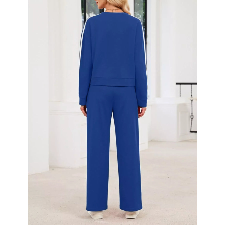 Striped Round Neck Sweatshirt and Pants Set Apparel and Accessories