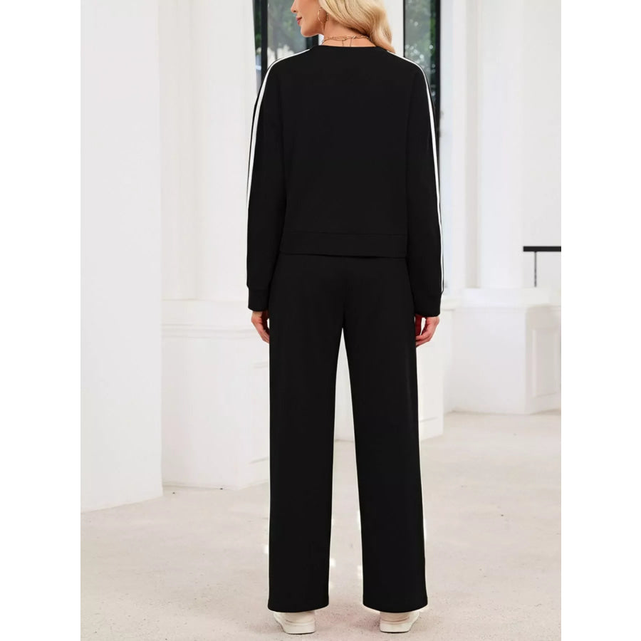 Striped Round Neck Sweatshirt and Pants Set Apparel and Accessories