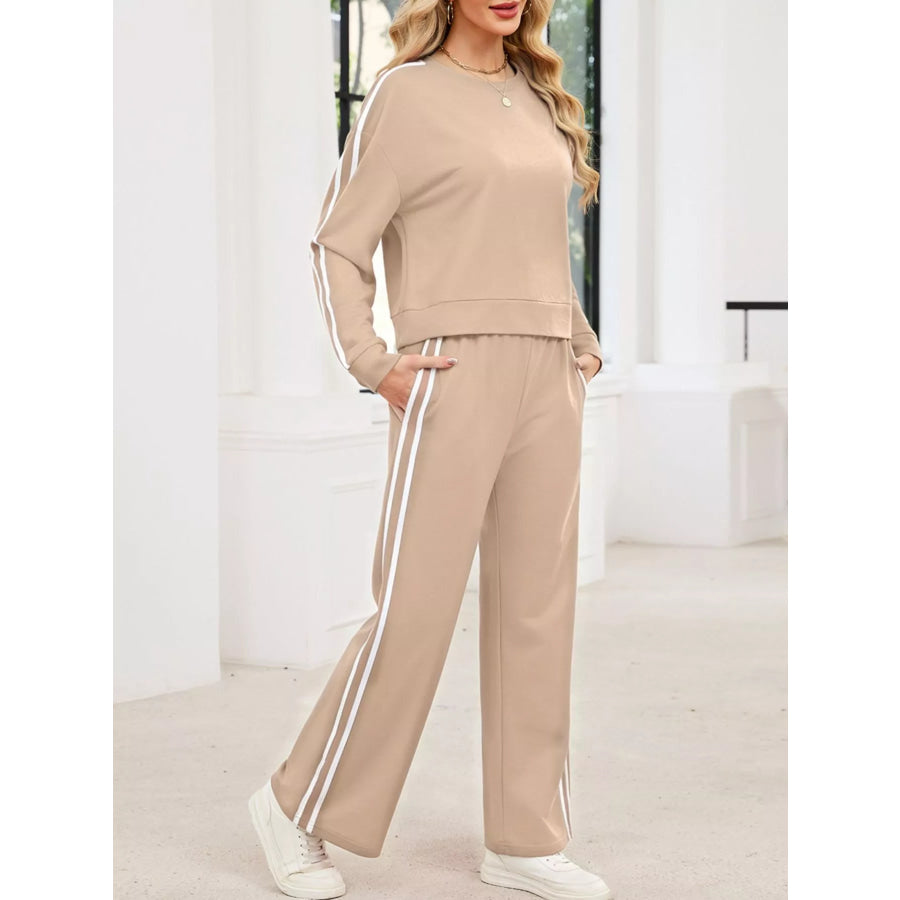 Striped Round Neck Sweatshirt and Pants Set Apparel and Accessories