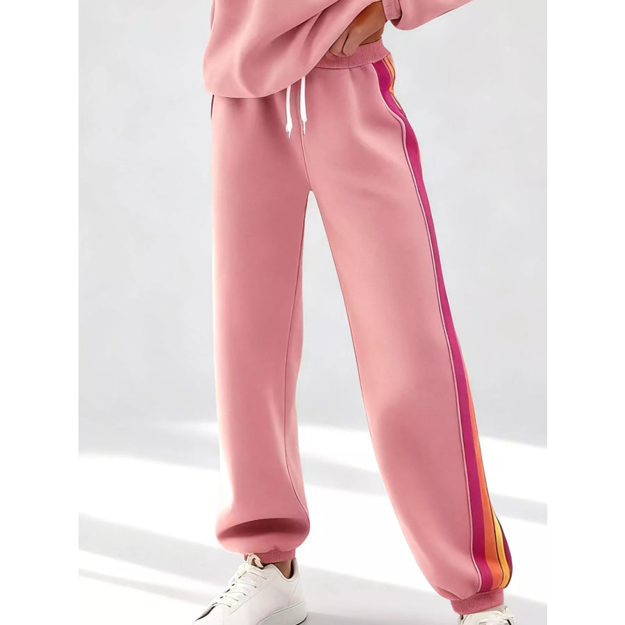 Striped Round Neck Sweatshirt and Pants Set Apparel and Accessories