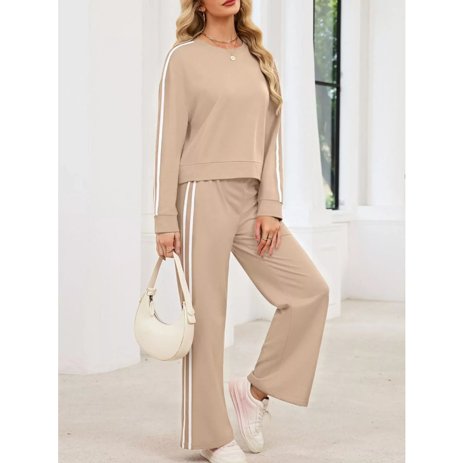 Striped Round Neck Sweatshirt and Pants Set Apparel and Accessories